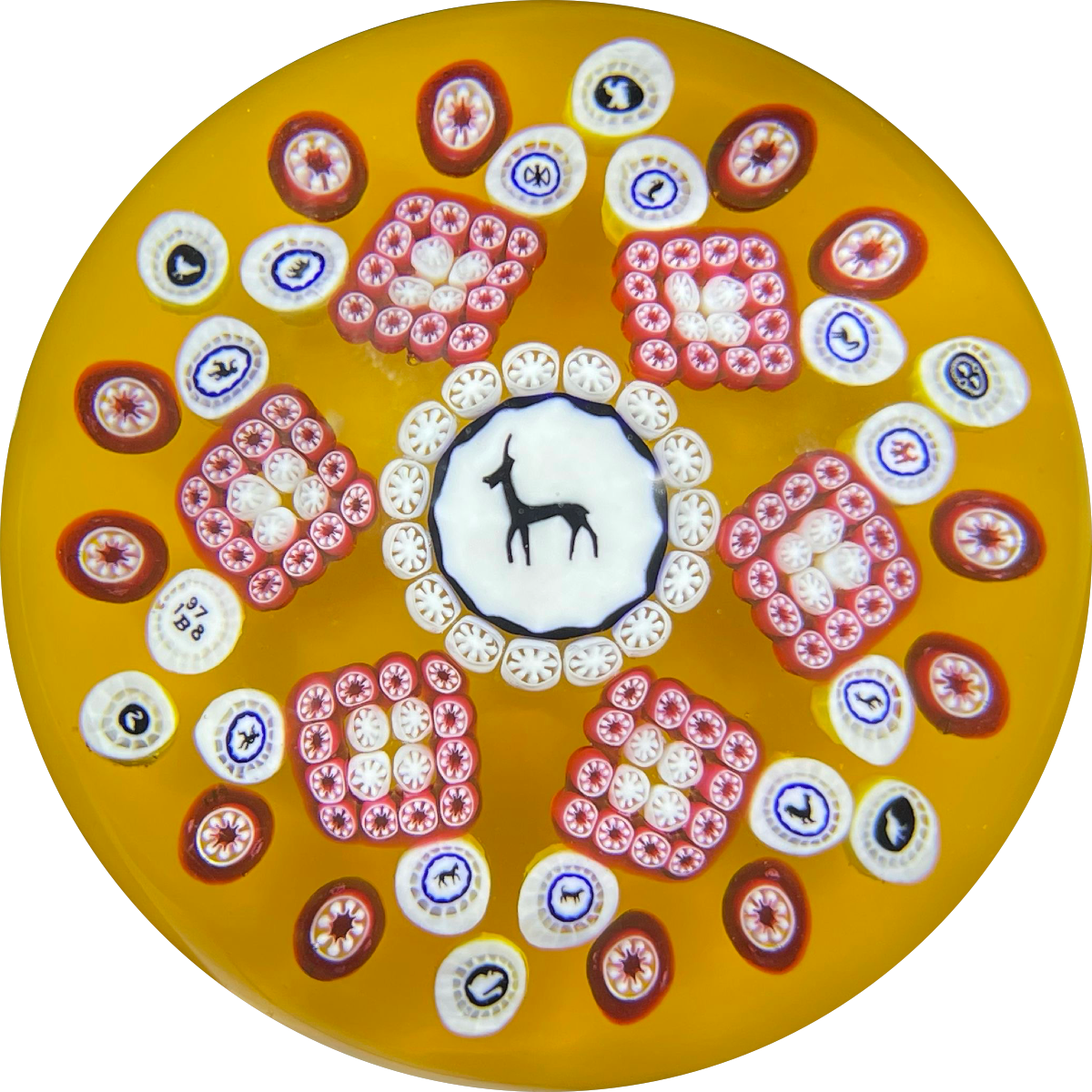 Baccarat Crystal 1978 LE Goat Gridel Murrine with Patterned Complex Millefiori on Opaque Butterscotch Ground