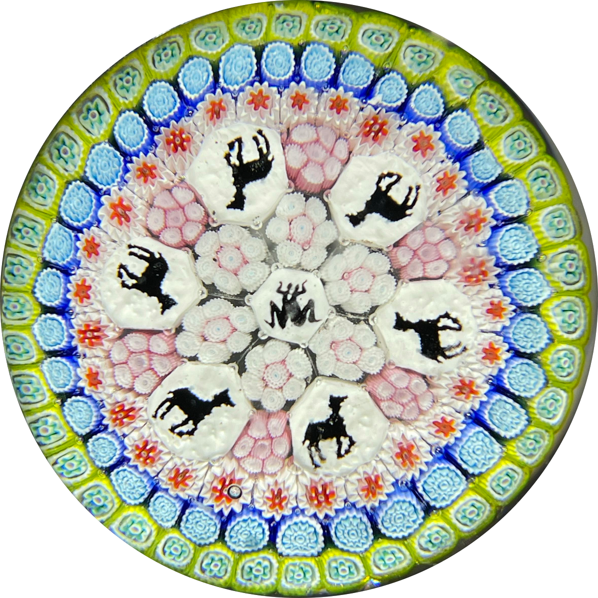 Uncommon Murano Fratelli Toso Concentric Millefiori Glass Art Paperweight with Horse & Gemini Silhouette Canes