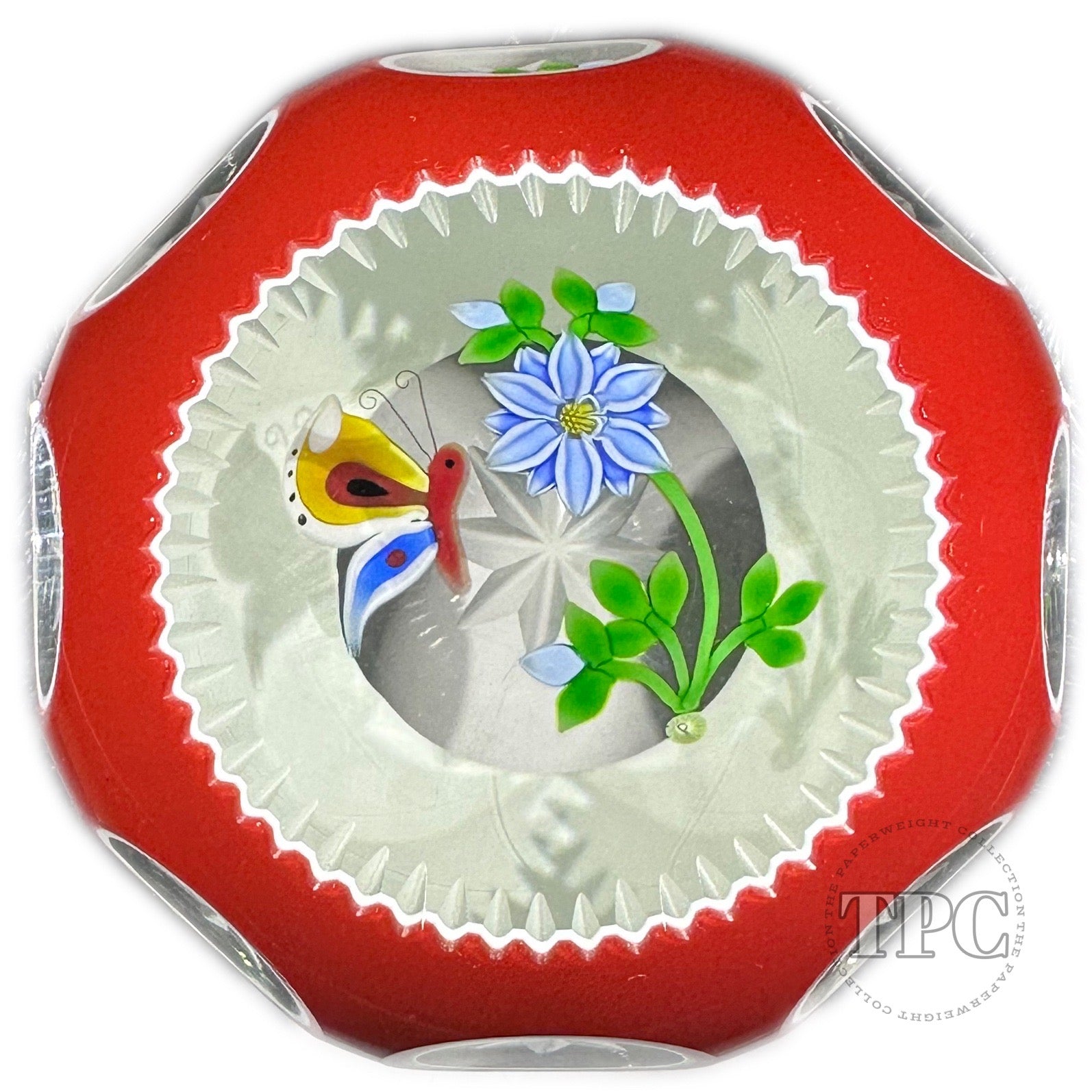 Perthshire Glass Art Glass Paperweight Red Faceted Overlay with Flamework Butterfly with Flowers