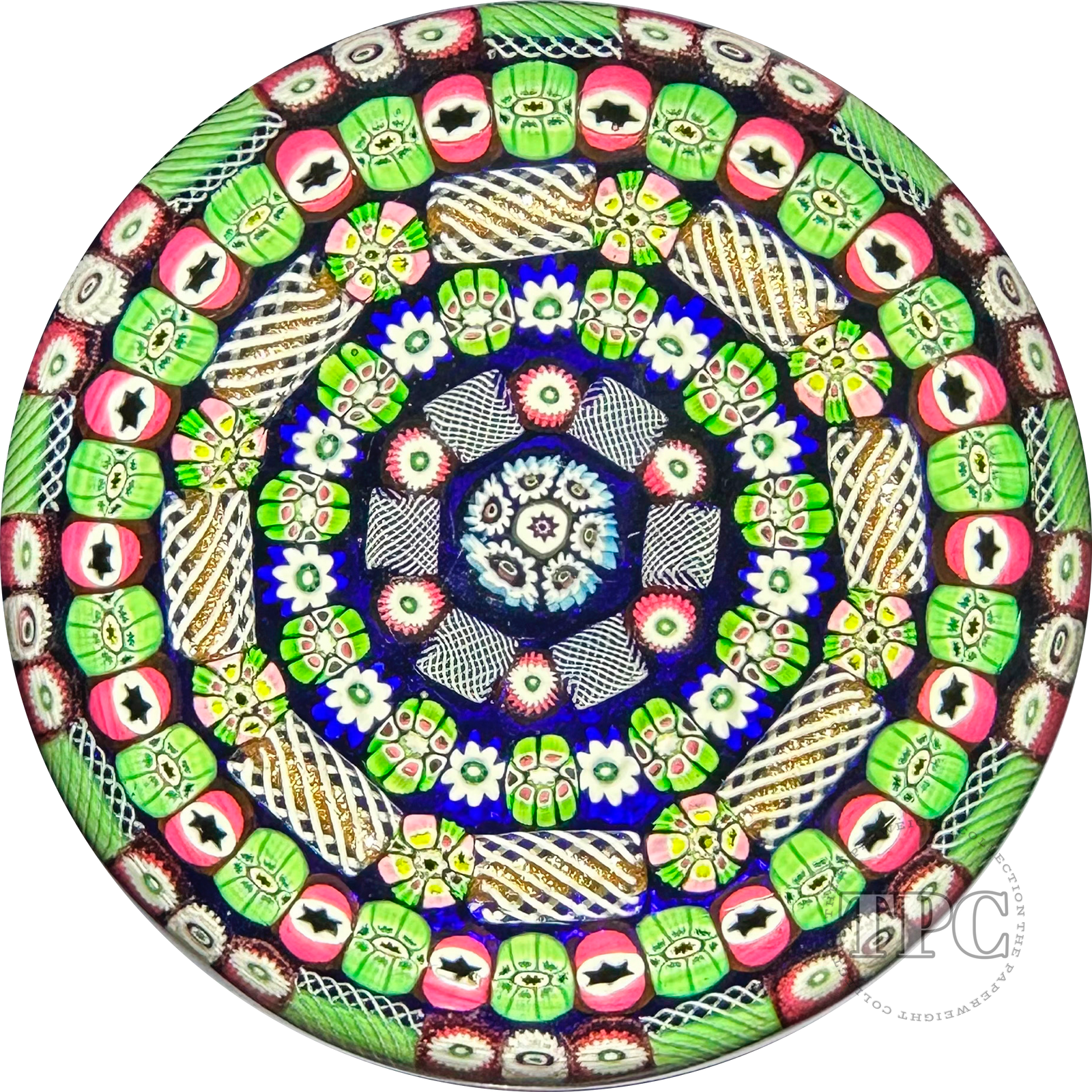Rare Super Magnum Paul Ysart Glass Art Paperweight Concentric Complex Millefiori & Twists on Blue Ground