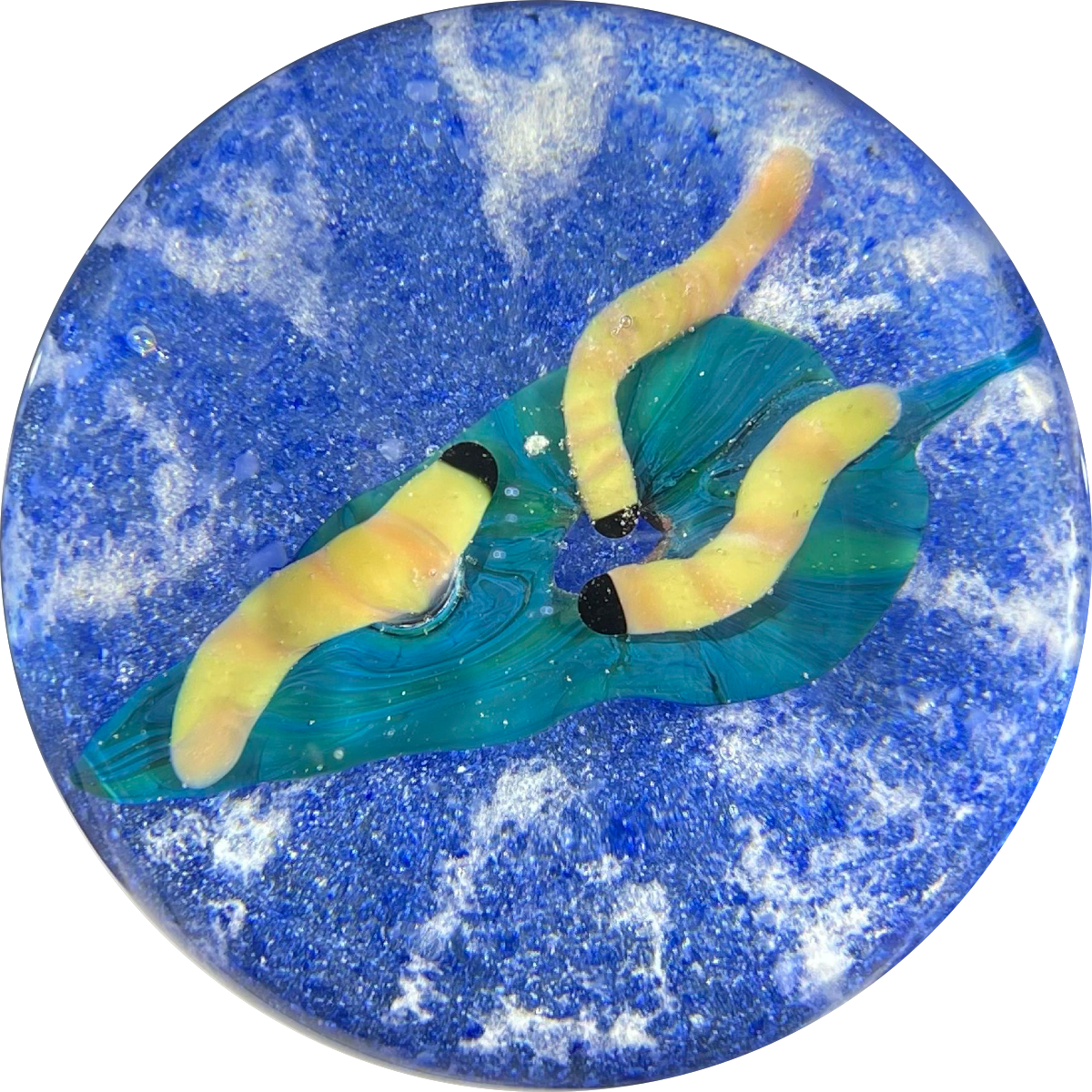 Harold Hacker Flamework Silk Worms with Mulberry Leaf on Blue Ground