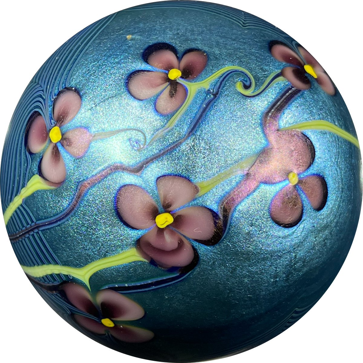 Orient & Flume 1977 Surface Decorated Torchwork Flower Garland over Iridescent Blue Core