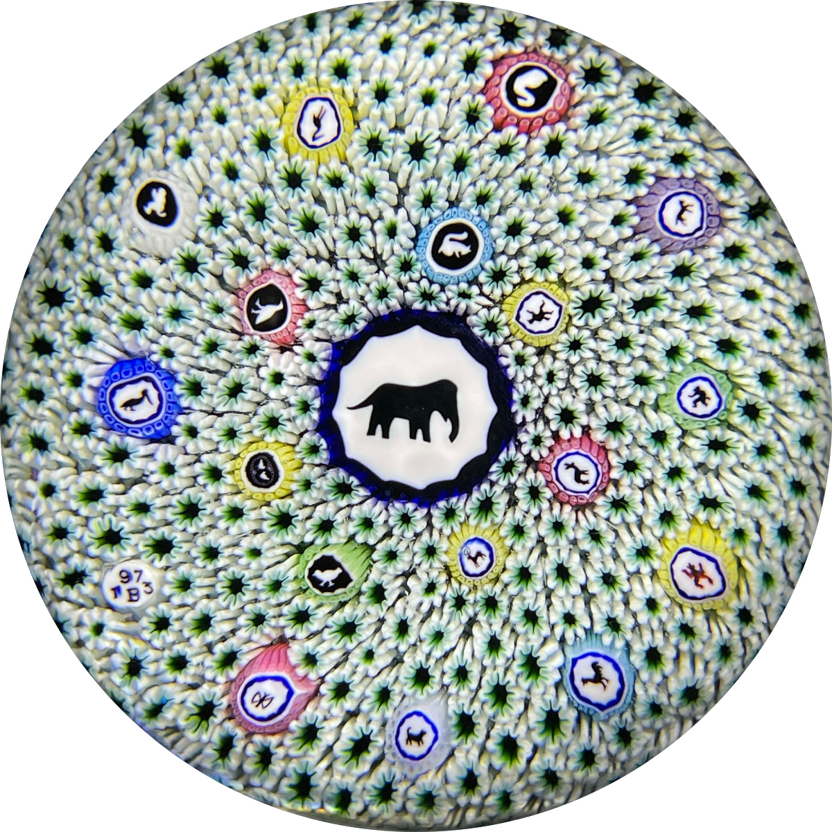 Baccarat Crystal 1973 LE Éléphant Noir Gridel Black Elephant Murrine With Millefiori Carpet Ground and 17 Silhouette Canes