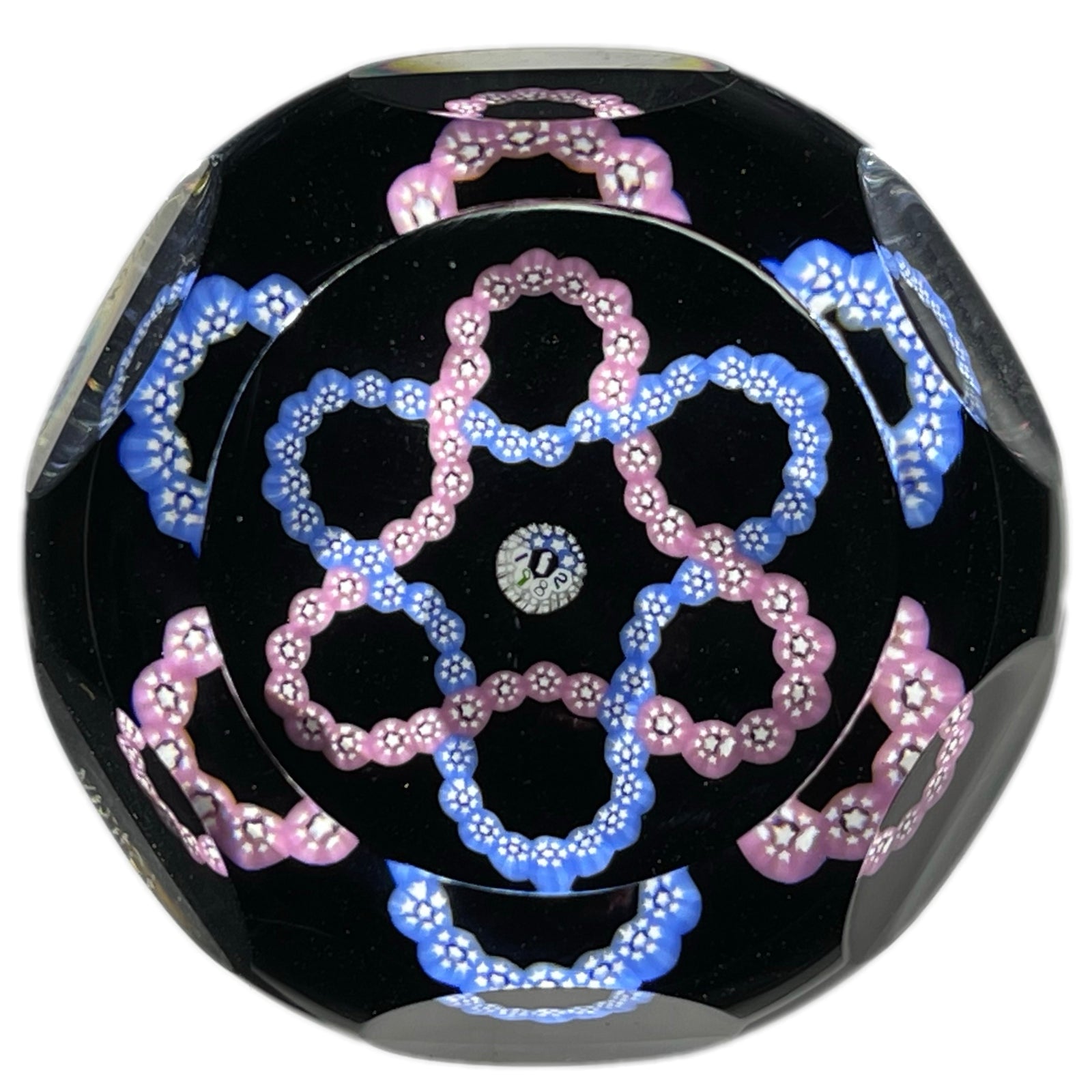 Faceted Caithness Whitefriars 1982 Interlaced Trefoil Millefiori Garland on Black Ground