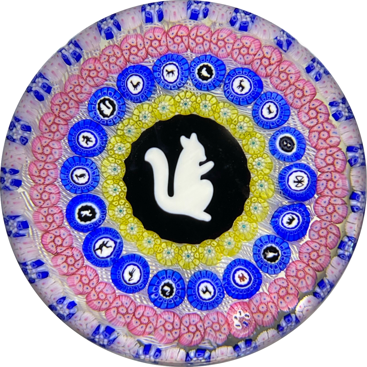 Baccarat Crystal 1972 LE Écureuil Blanc Gridel White Squirrel Murrine With 18 Concentric Silhouette Canes & Complex Millefiori on Upset White Muslin Lace