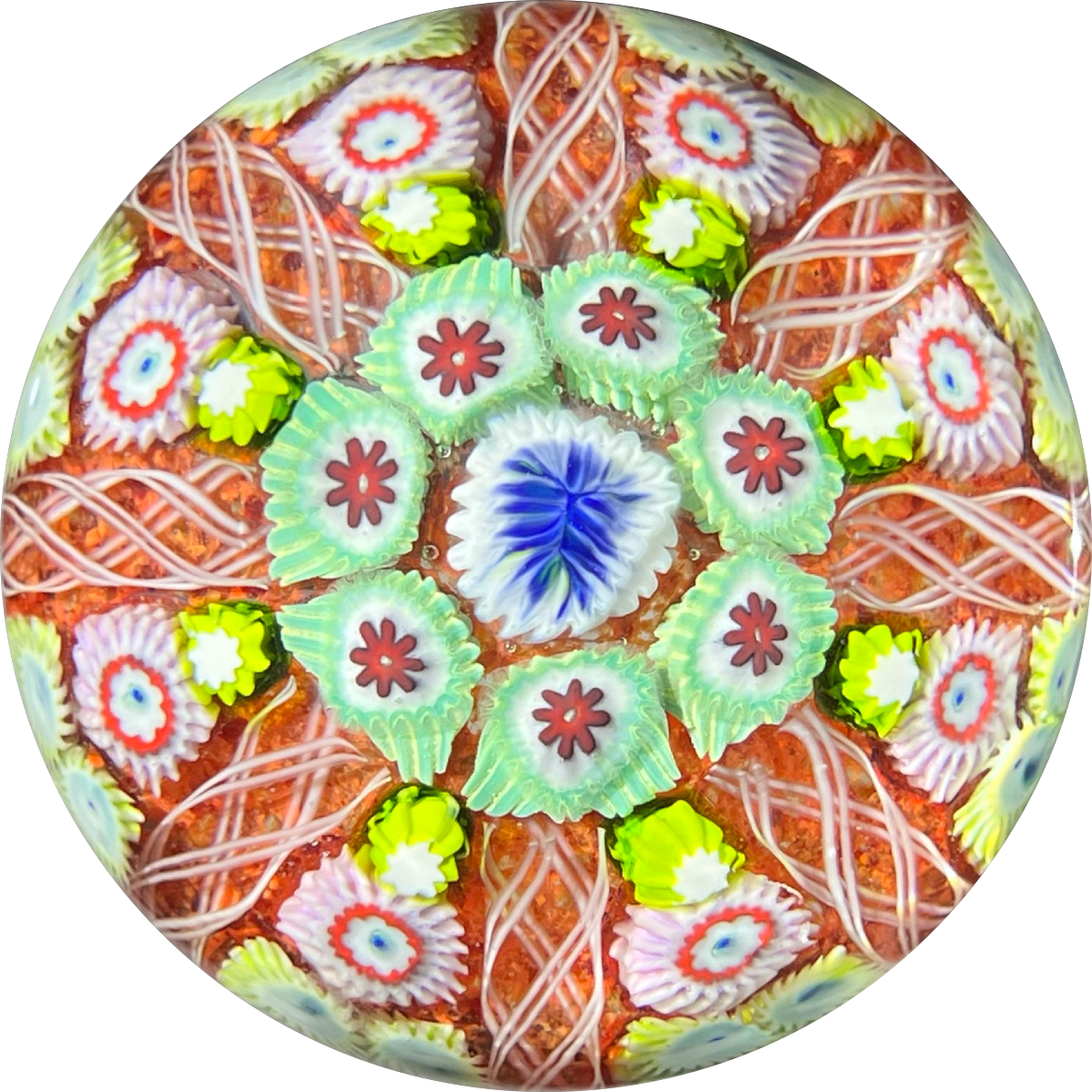 Vintage Strathearn Glass Art Paperweight with Radial Millefiori & Filigree Design on Red