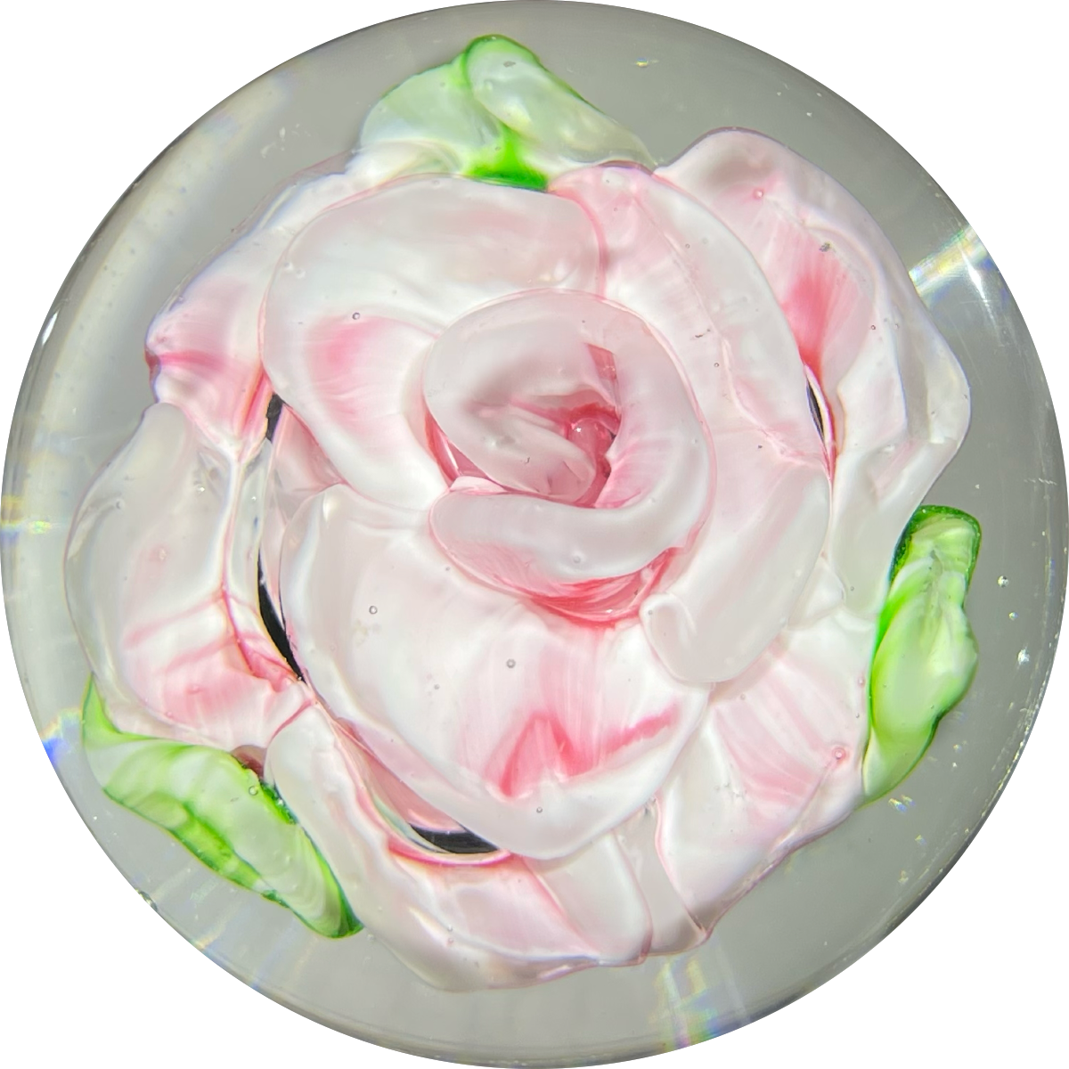 Vintage Murano Glass Art Paperweight Pink Rose in Clear Ground