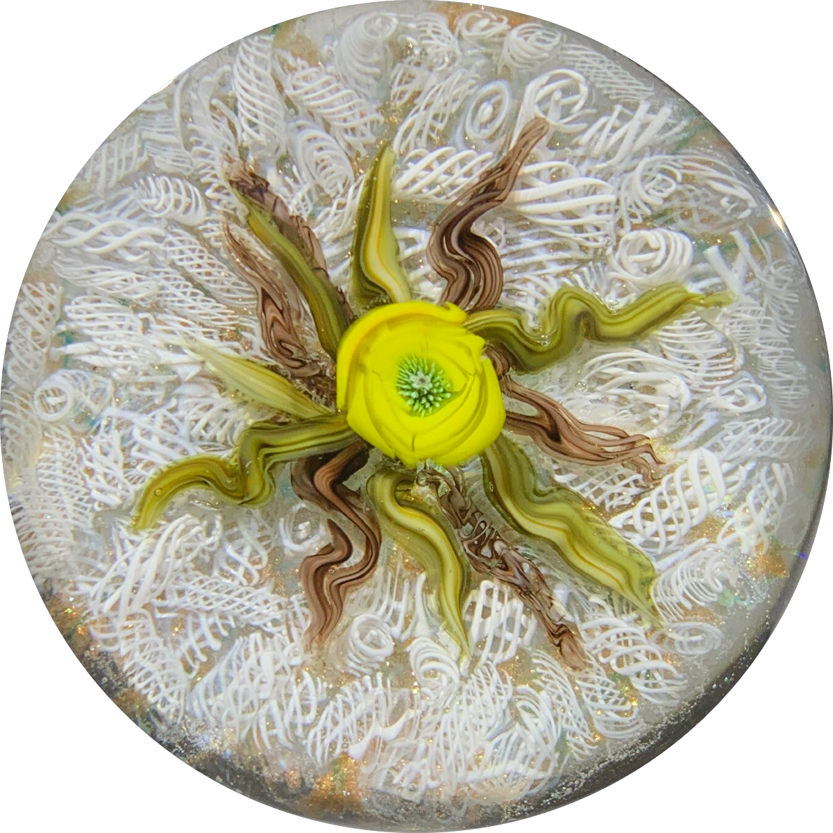 James Hart Flamework Nosegay with Yellow Rose Blossom on white Upset Filligree Ground