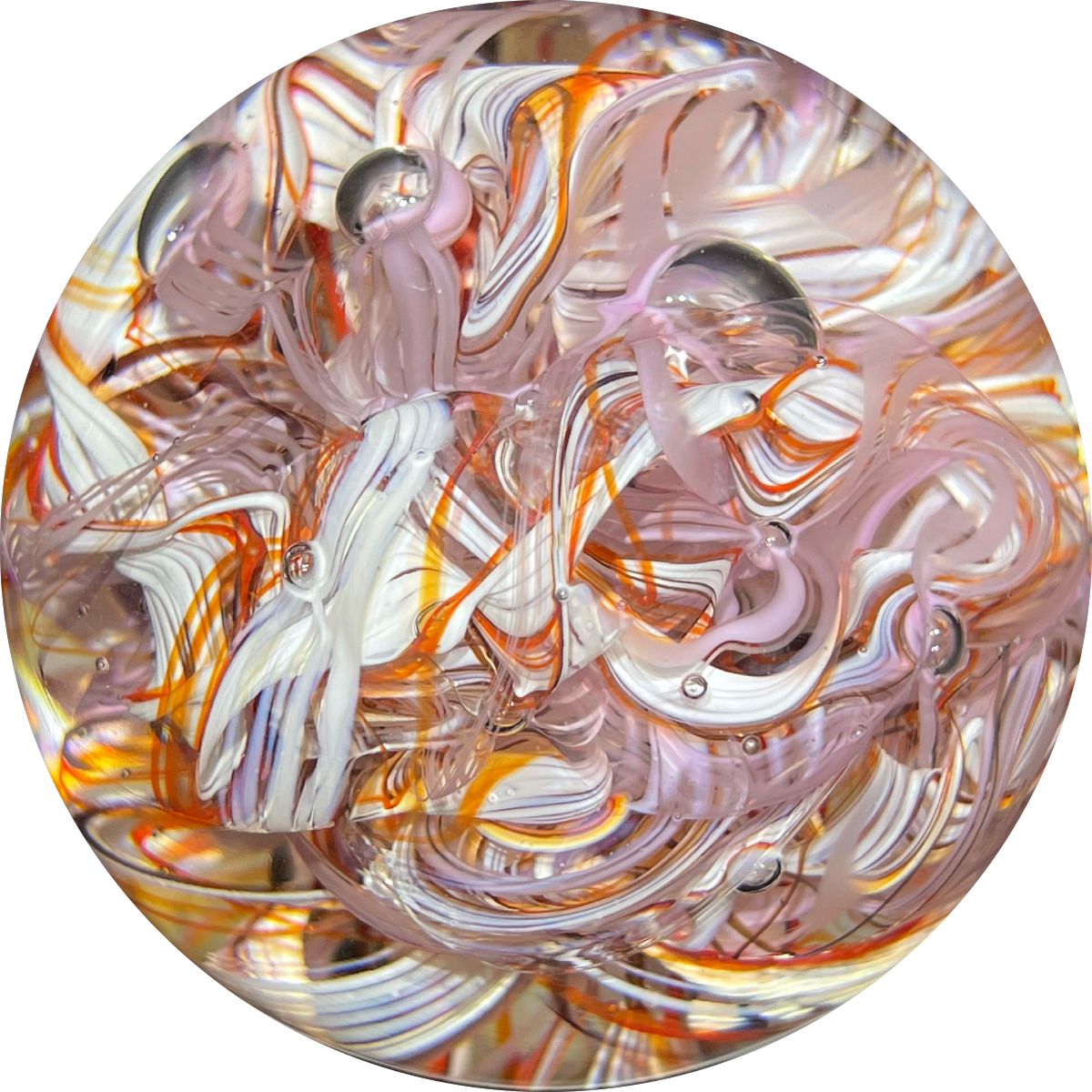 Signed Karg Pink and Red Latticinio Scramble Studio Art Glass Paperweight