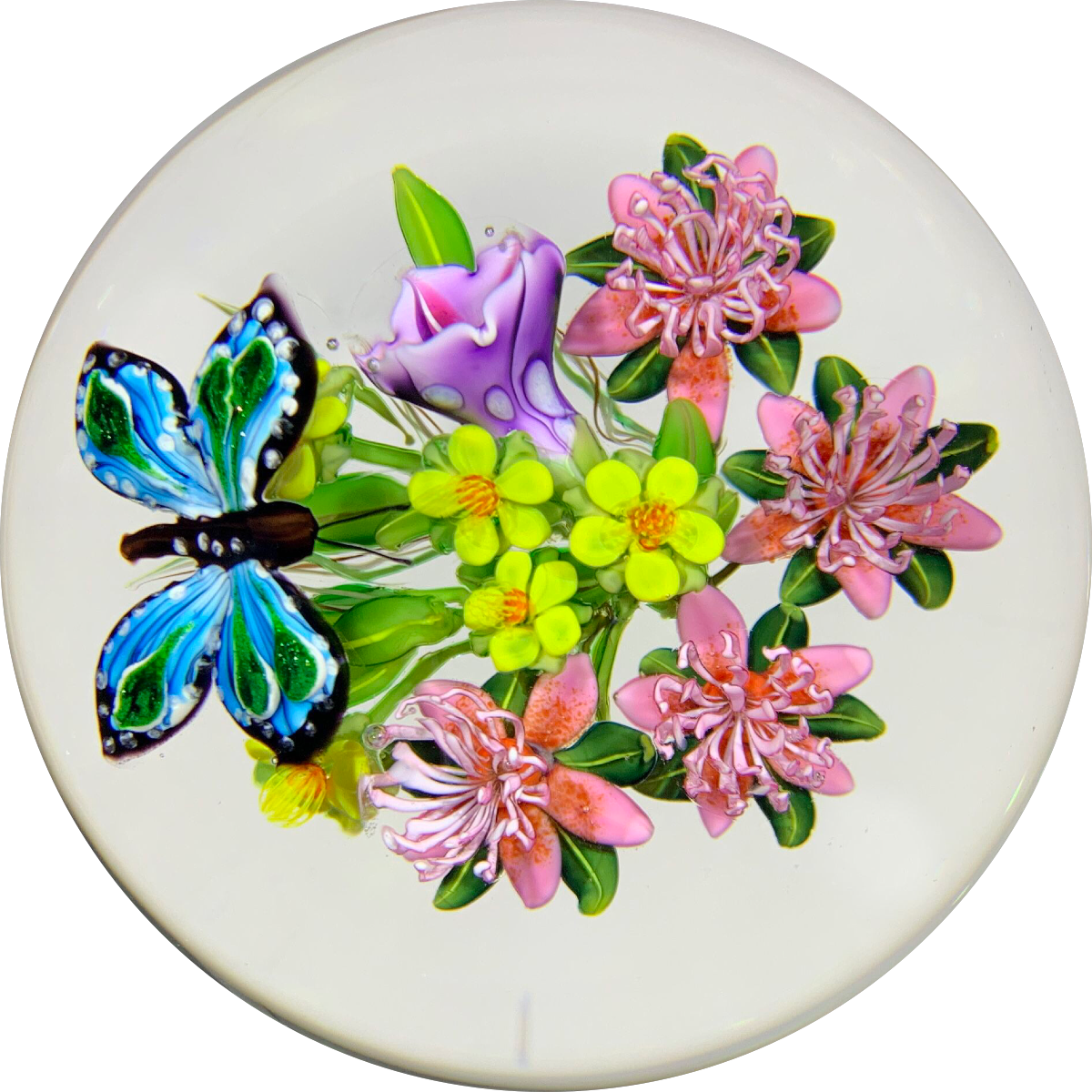 Signed Ken Rosenfeld Art Glass Paperweight 2018 Lampwork Hovering Butterfly w/ Flowers