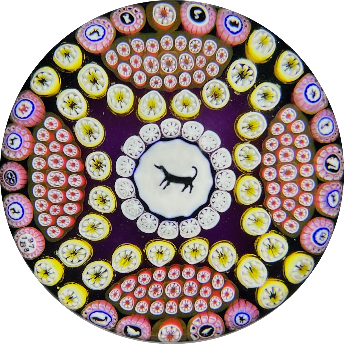 Baccarat 1978 LE Chien Noir Patterned Millefiori & Silhouette Murrine with Large Dog Gridel Cane