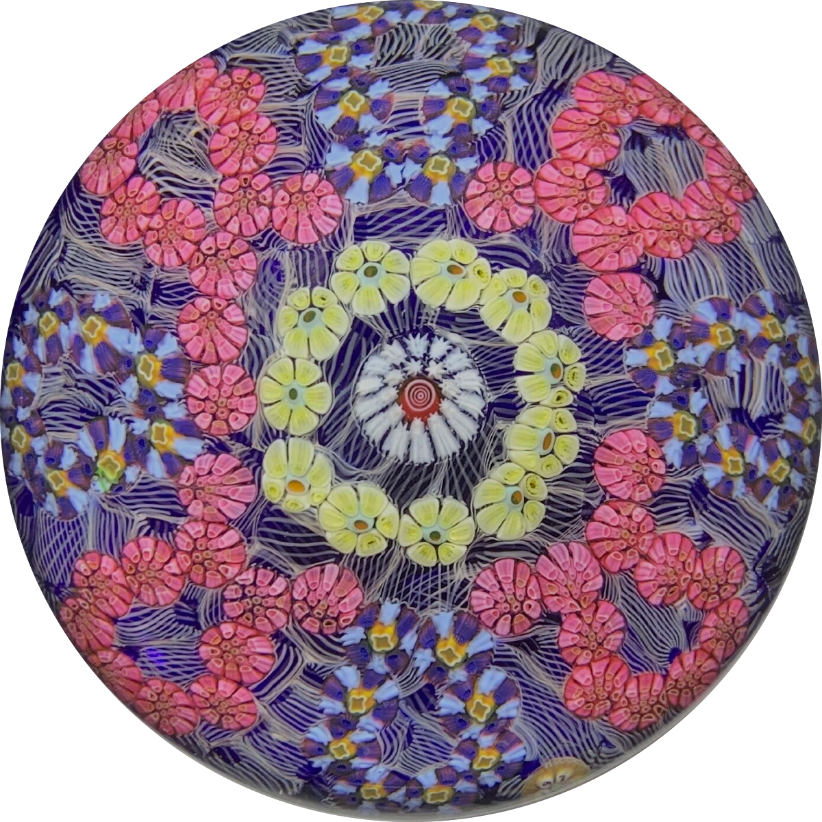 Baccarat 1970 Interlaced Complex Millefiori Garland On White Filigree Lace Over Transparent Blue