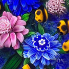Debbie Tarsitano 2000 Glass Art Paperweight Flamework Flowers with Complex Millefiori & Ladybugs on Blue