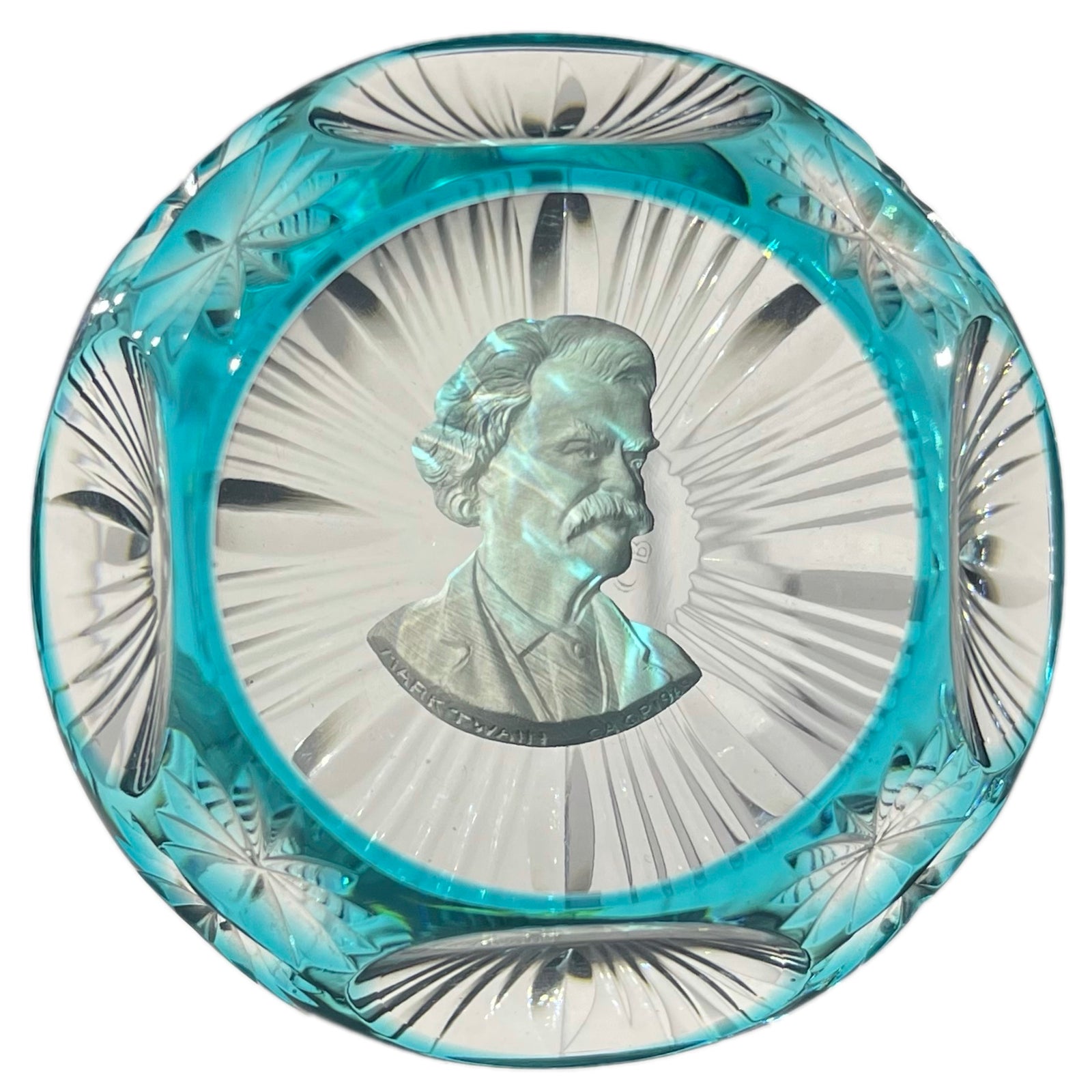 Cristal d’Albret Mark Twain Sulphide Fancy Cut Blue Overlay Glass Paperweight
