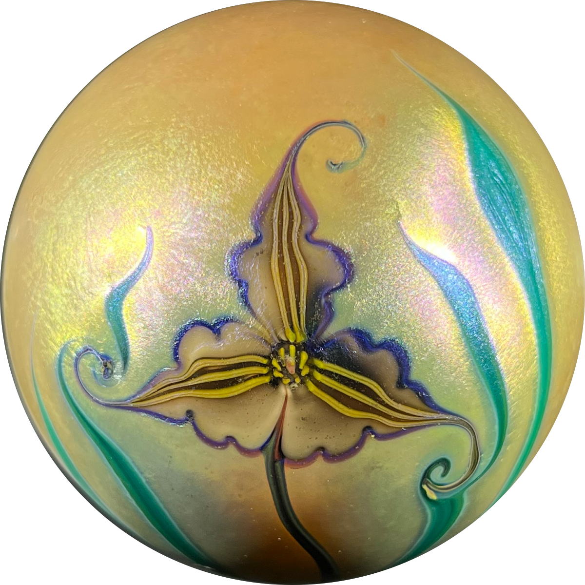 Grant Randolph Studio 1982 Torchwork Surface Decorated Iridescent Flower on Gold