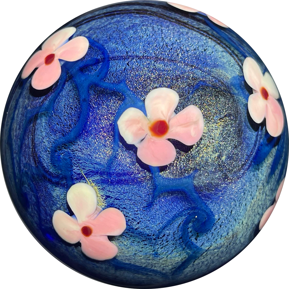 Signed Vandermark 1980 Torchwork Decorated Cherry Blossoms on Iridescent Blue