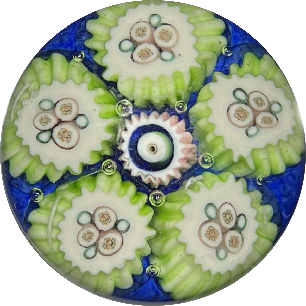 Miniature Vasart Complex Concentric Millefiori on Opaque Blue Glass Art Paperweight