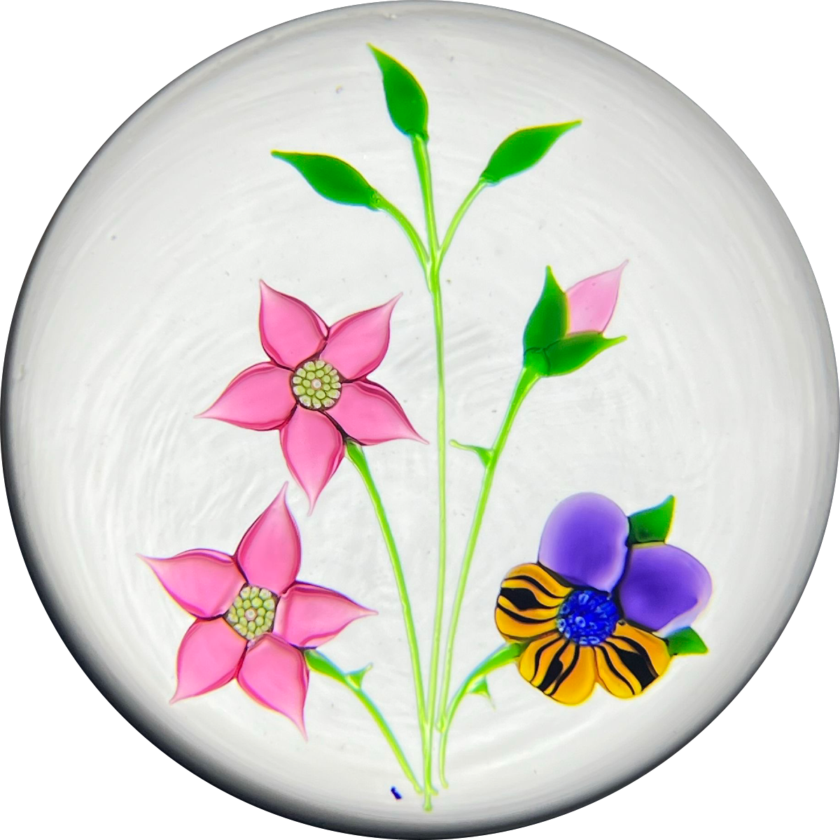 LE Caithness Whitefriars 1985 Flamework Pansy Bouquet on Opaque White Ground