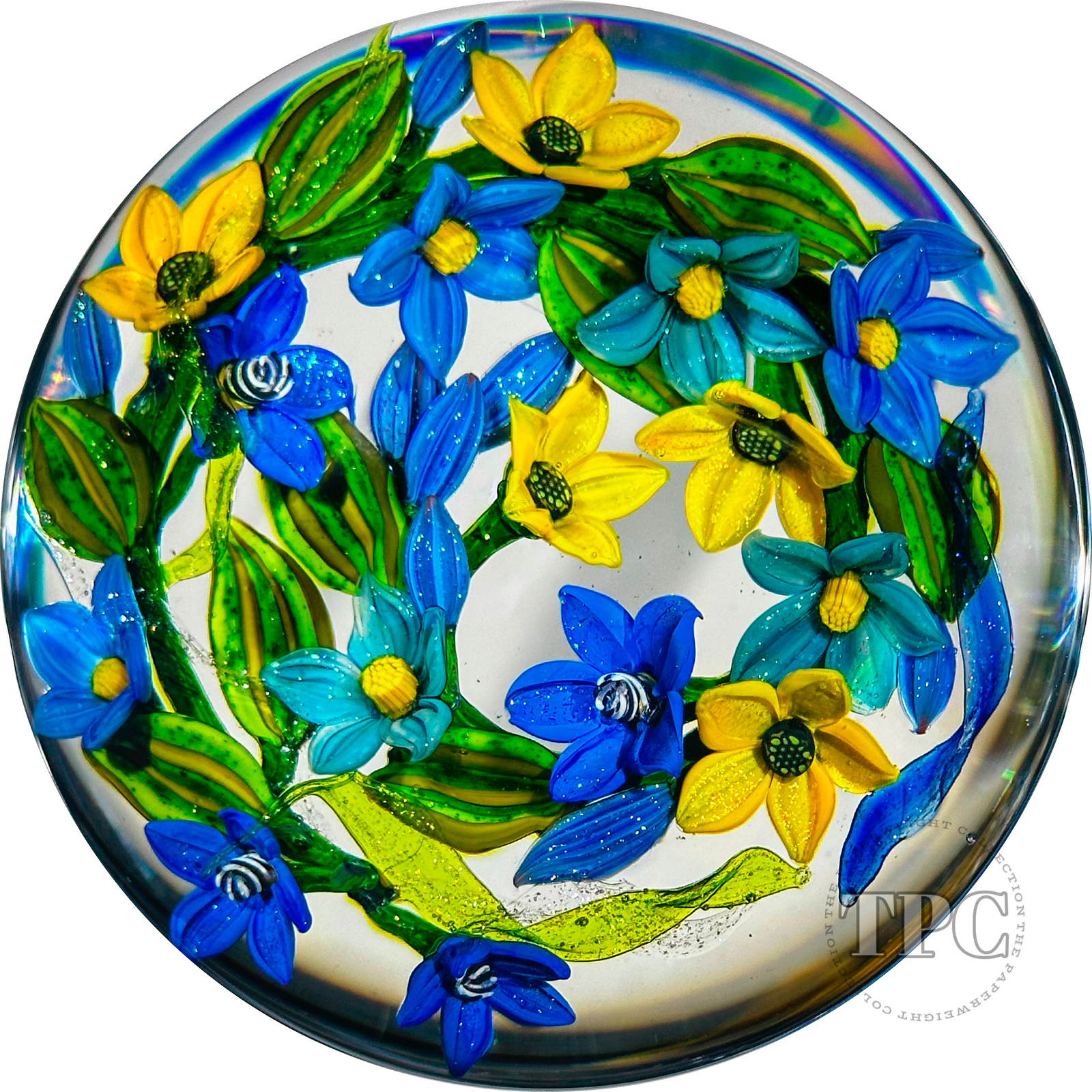 Colin Richardson 2022 Glass Art Paperweight Flamework Floral Bouquet "Blue & Gold Glitterati"