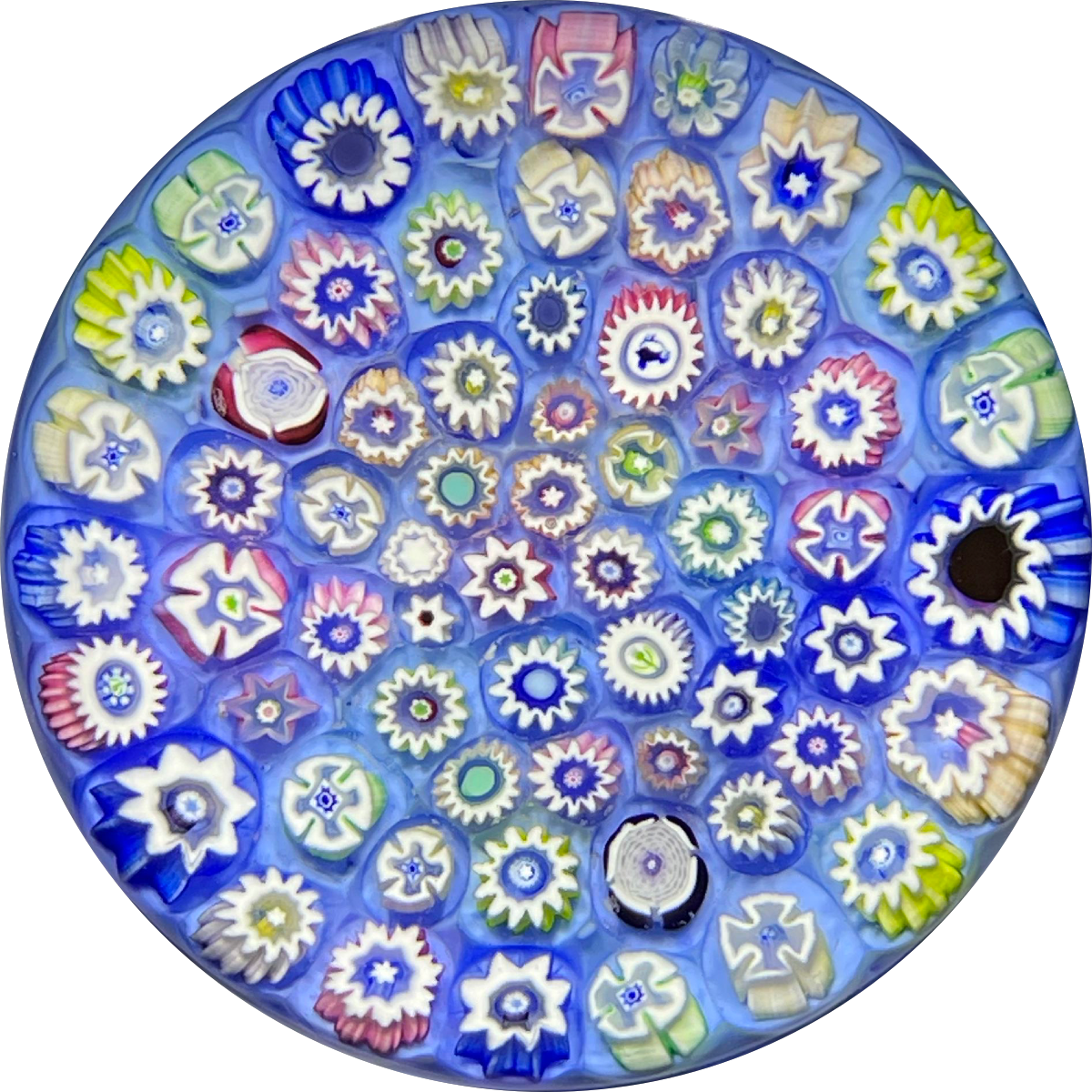 Medium John Deacons Art Glass Paperweight Medium Millefiori Closepack with Roses & Silhouettes