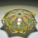 Vintage Strathearn Pressed Star Glass Art Paperweight with Radial Millefiori & Filigree Design on Yellow