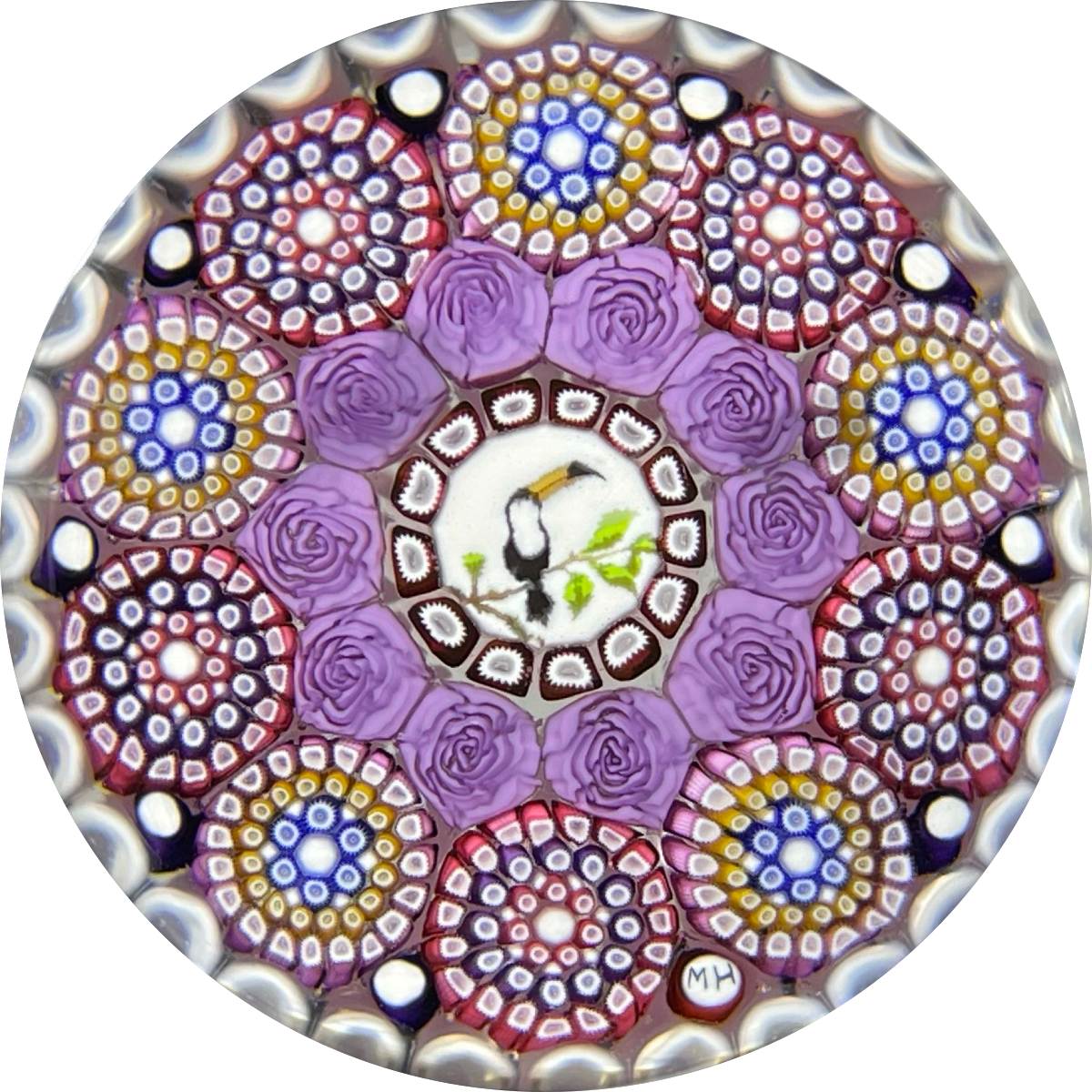 Michael Hunter 2021 Miniature Complex Concentric Millefiori with Toucan Picture Murrine Focal