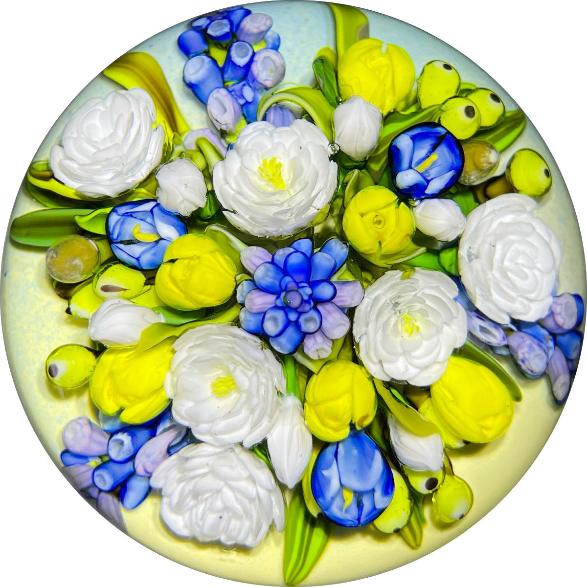 Cathy Richardson 2021 Flamework "Joy of Spring: Hyacinths & Yellow Tulips" on Opaque Ground 1 of 1