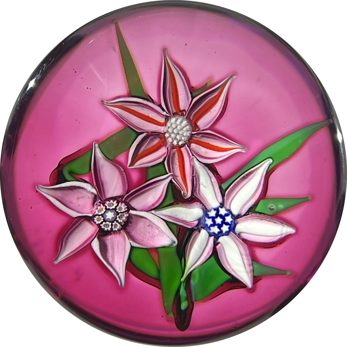 John Deacons J Glass 1979 Flamework Flower Bouquet with Transparent Ruby Res Ground