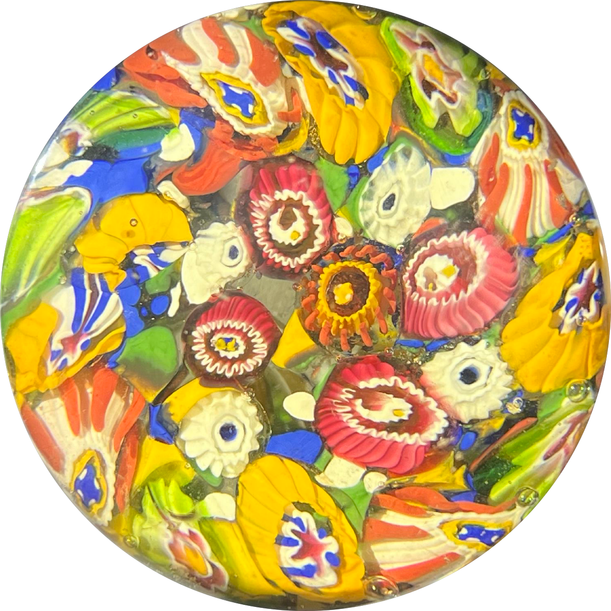 Antique Thuringian Glass Art Paperweight Colorful Patterned Millefiori on Spatter Ground