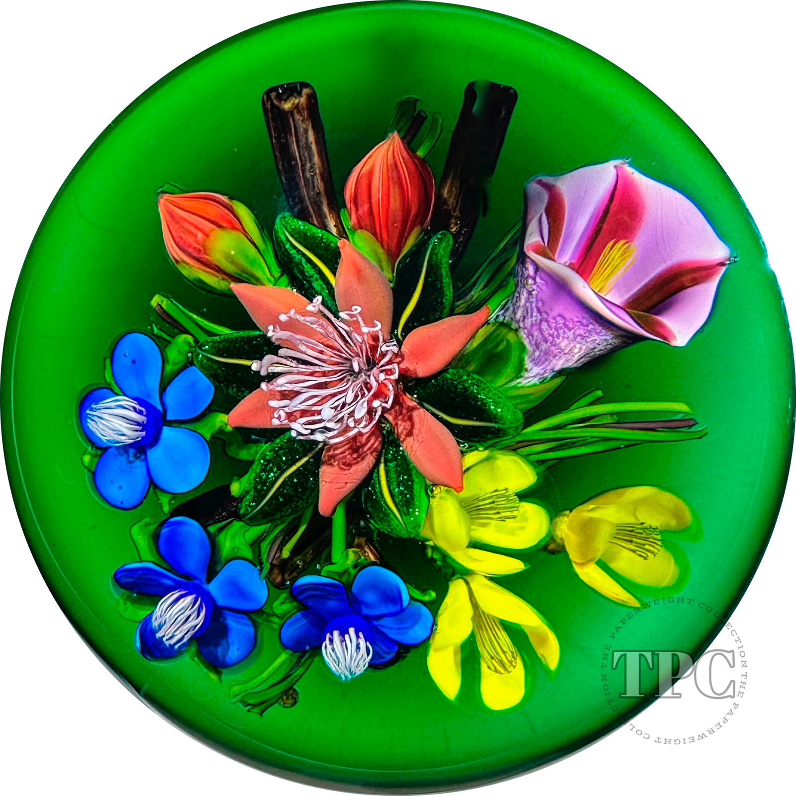 Ken Rosenfeld 2022 Glass Art Paperweight Flamework Flower Bouquet on Transparent Dark Emerald Green Ground