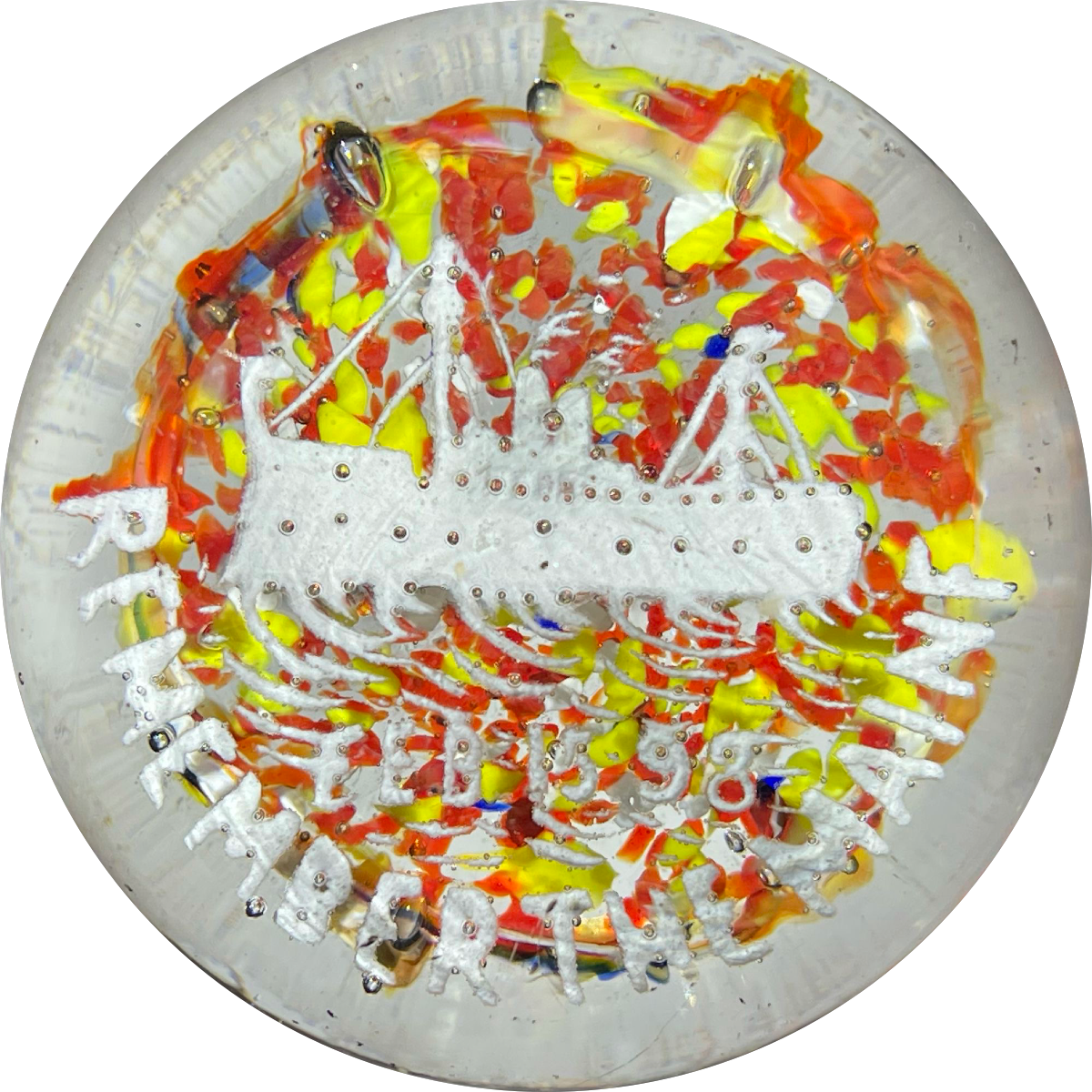 Antique American "Remember the Maine" White Frit on Colorful Ground