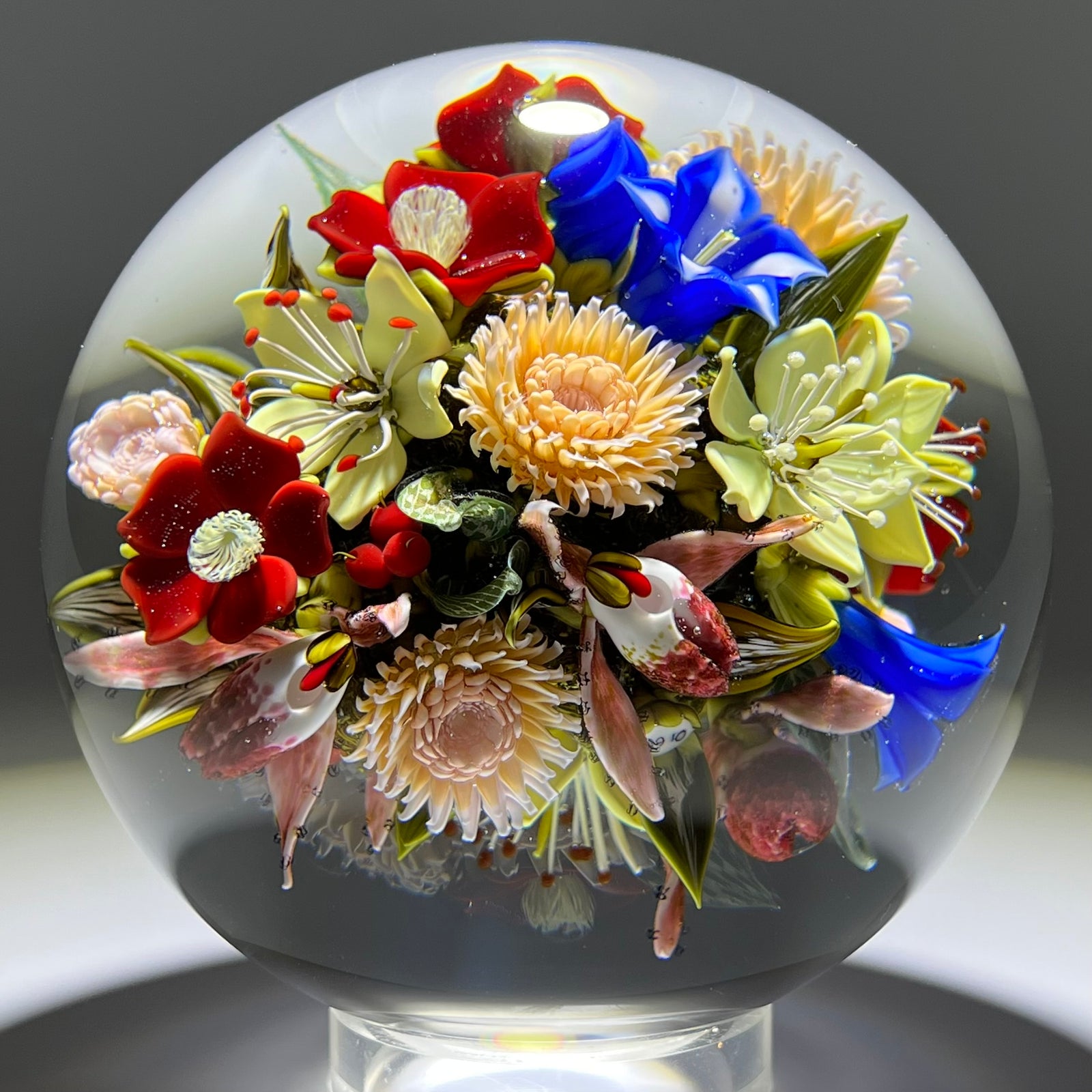 David Graeber 2016 Magnum Flamework Double Sided Flower Bouquet Glass Art Orb Sculpture