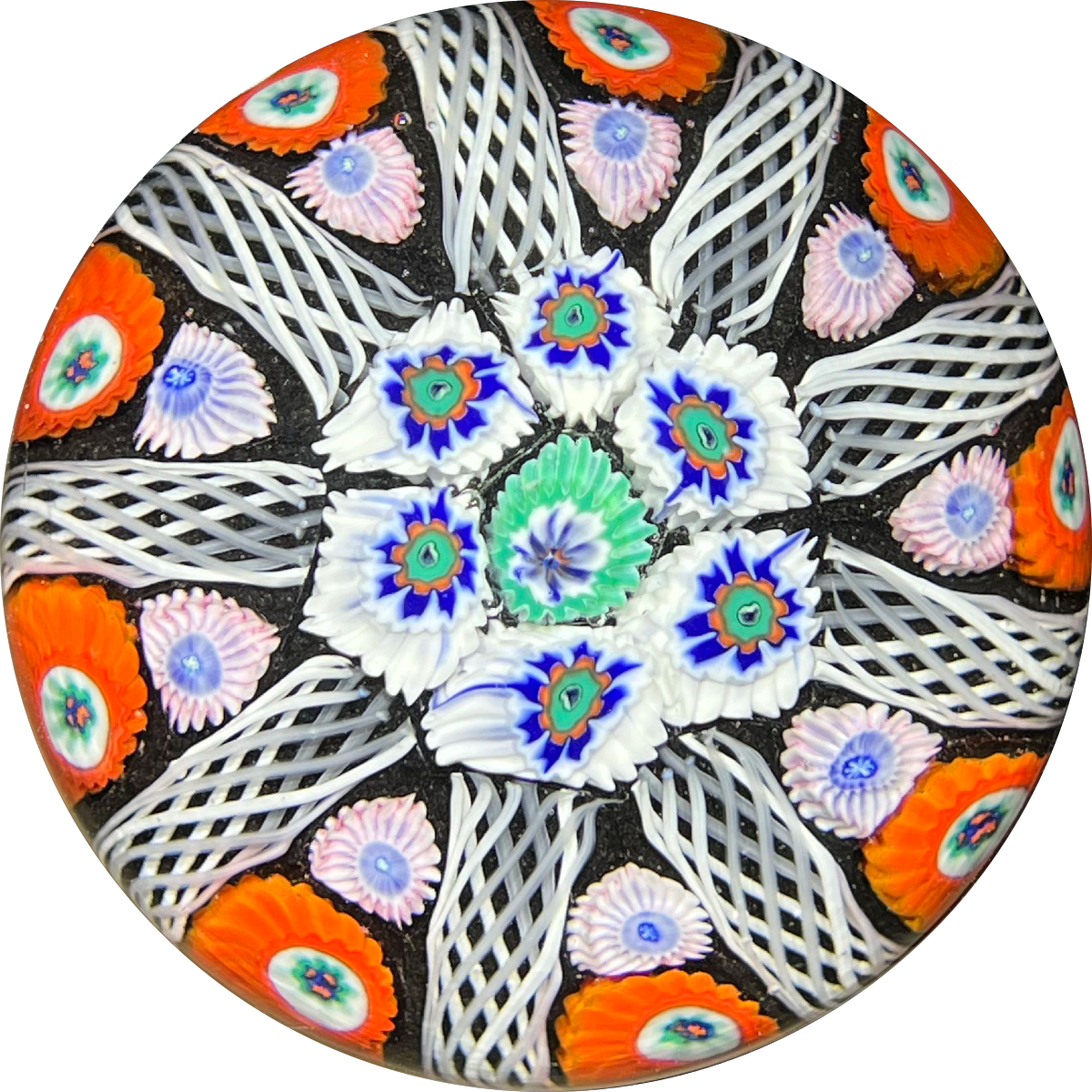 Vintage Strathearn Glass Art Paperweight Colorful Paneled Millefiori and White Filigree on Opaque Black Ground