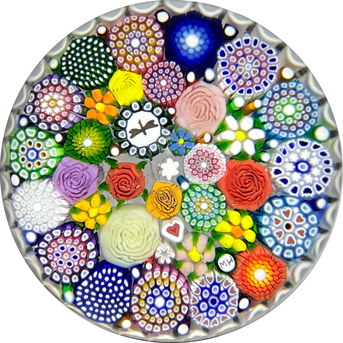 Michael Hunter 2021 Colorful Complex Closepack Millefiori with Rose, Daisy & Silhouette Canes in a White Stave Basket
