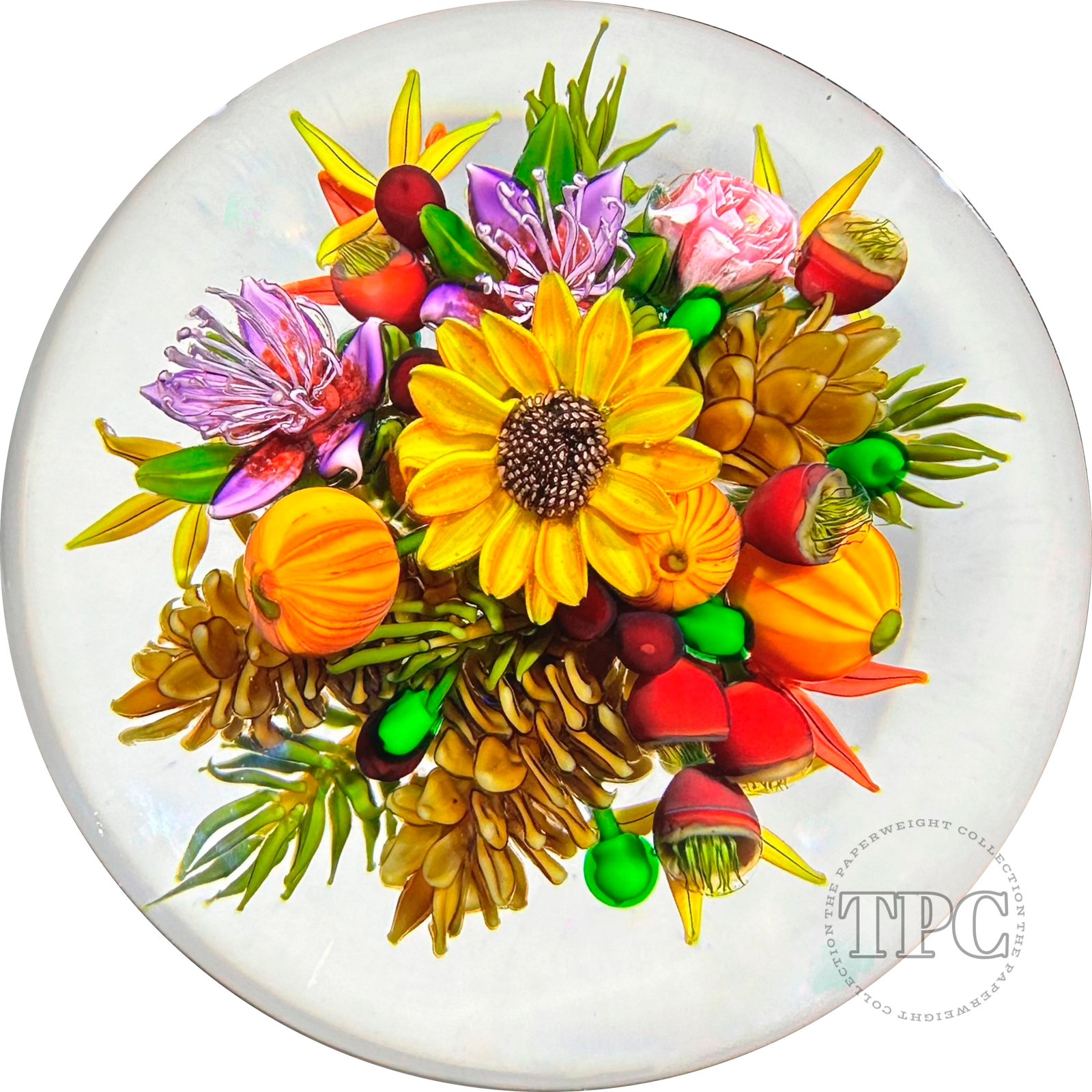 Large Ken Rosenfeld 2023 Glass Art Paperweight Flamework "Autumn Splendor" Flower and Pumpkin Bouquet