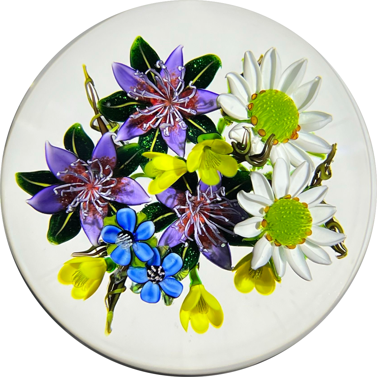 Ken Rosenfeld 2021 Flamework Glass Art Paperweight Colorful Flower Bouquet Including White Daisies and Forget-Me-Nots
